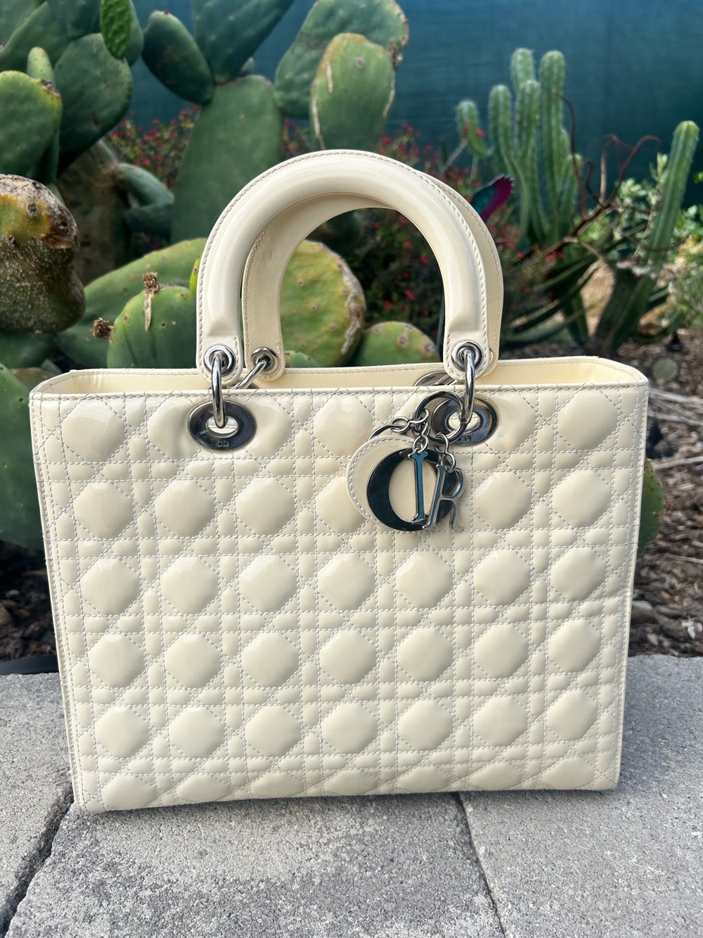 Dior Cream Patent Lady Dior Satchel with Silver Hardware
